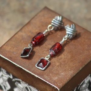 Vintage Sterling Silver Post Red Crystal 1-3/4 Inch Drop Earrings,